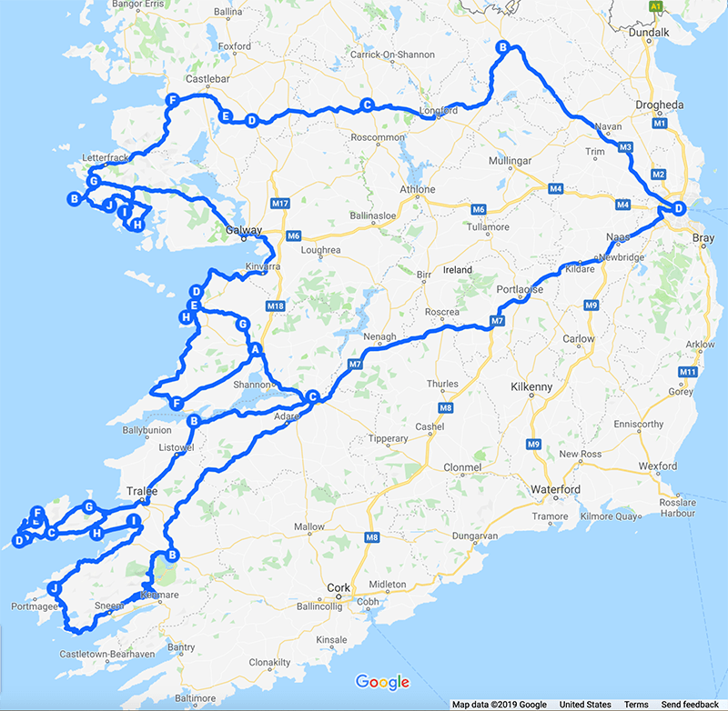 Western Ireland Road Trip Itinerary Map