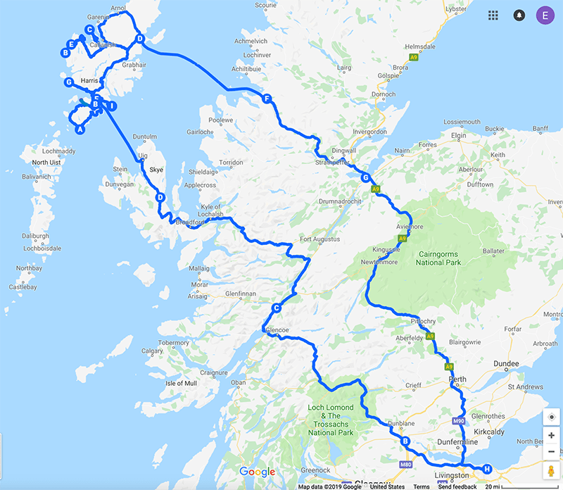 Western Scotland Road Trip Route