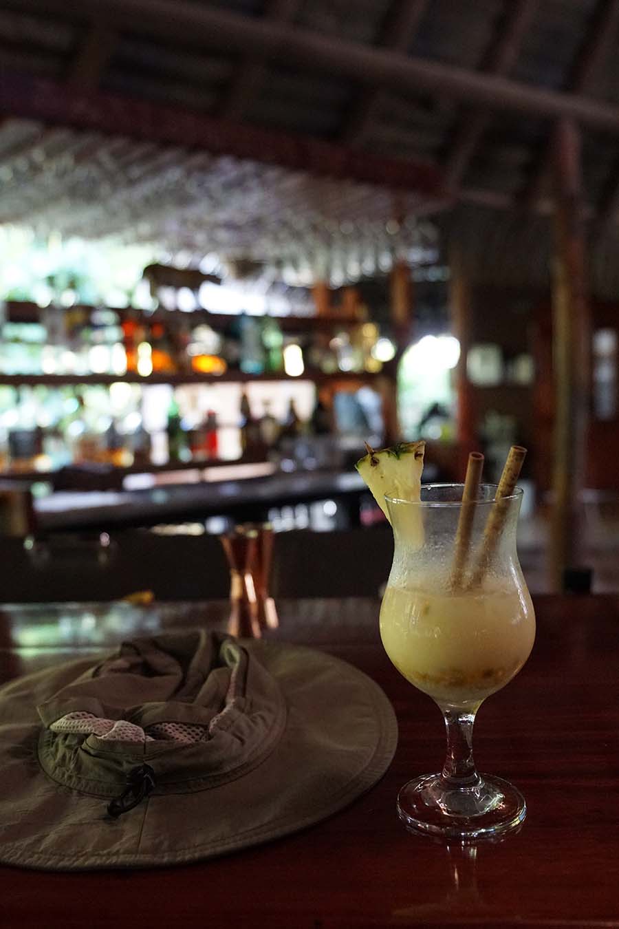 Cocktail with a bamboo straw at Lapa Rios Bar